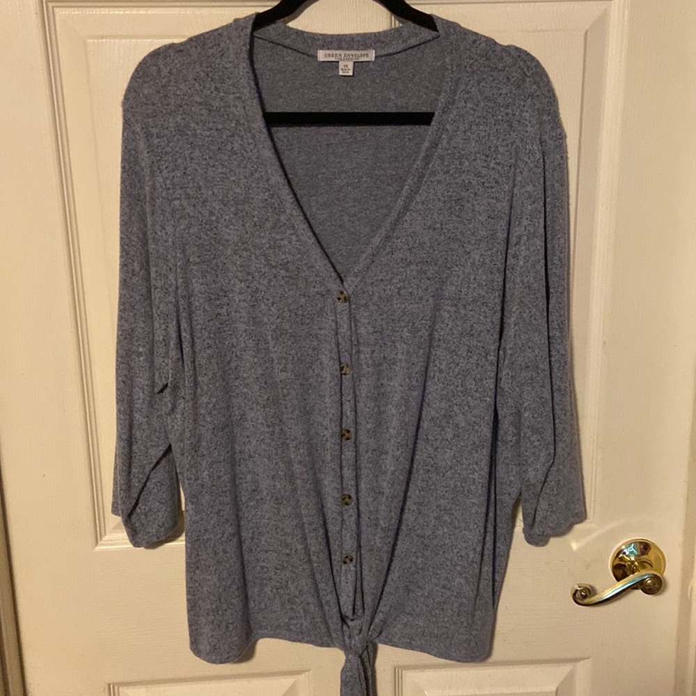 Grey marled tie waist cardigan sweater.